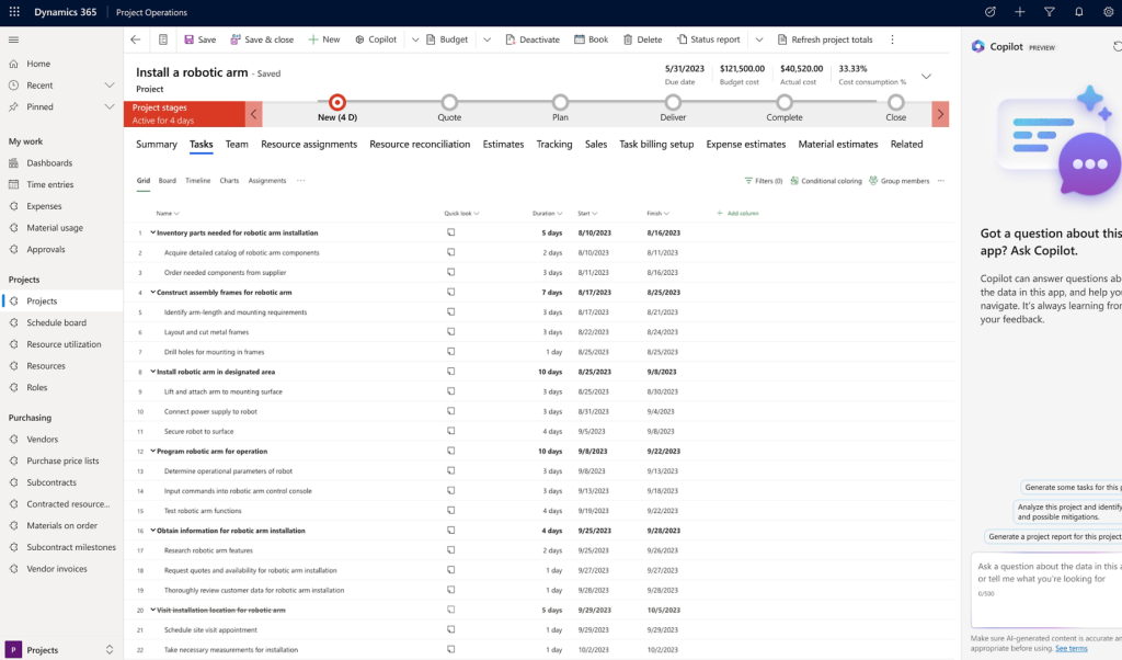 Dynamics 365 Project Operations Project Management